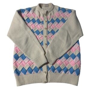 Hand Knit Diamond Basket Weave Cardigan Vintage Granny Chic Easter Cottagecore